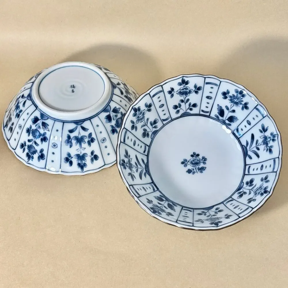 Japanese Tachikichi Blue White Mino Ware Porcelain Bowl Set, 2 Medium + 2 Small